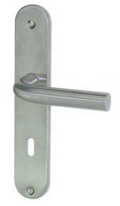 Ensemble de poignes de porte ECUME sur plaque en inox mat avec trou de cylindre - Gedimat.fr