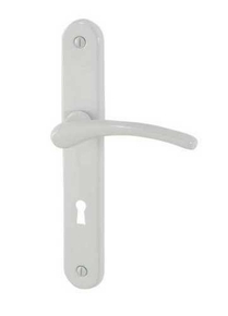 Ensemble de poignes de porte CLUSES sur plaque en aluminium acier blanc avec trou de serrure - Gedimat.fr