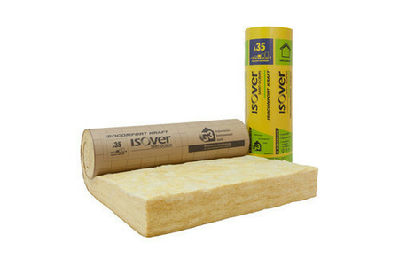 Laine de verre semi-rigide en rouleau ISOCONFORT 35 revêtue d'un surfaçage Kraft R= 6,25m².K/W. Long.2,80m larg.0,60m ép.220mm ISOVER - Gedimat.fr