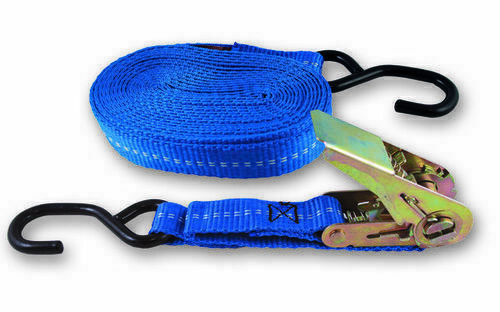 Sangle polypropylène avec tendeur à cliquet et 2 crochets bleue larg.25mm -  5m 