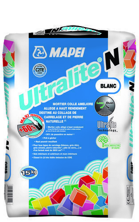 Mortier colle allégé amélioré à haut rendement et forte réduction de poussières ULTRALITE N MAPEI gris – sac de 15kg – classe C2E - Gedimat.fr