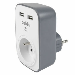 Adaptateur parafoudre 1 prise 2P+T 16A avec 2 USB 2.4A blanc/gris - Gedimat.fr