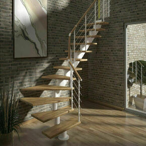 Escalier 1/4 tournant droit HAMBOURG 12 marches en hêtre vernis struture en métal blanc - modulaire de 2,40 à 2,79m - Gedimat.fr