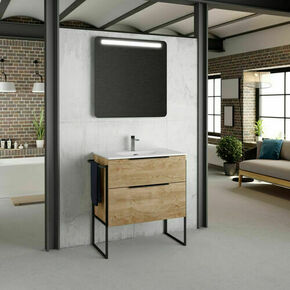 Ensemble meuble ESTATE INDUSTRIAL chêne naturel + plan vasque céramique blanc - 45x60x80cm - Gedimat.fr