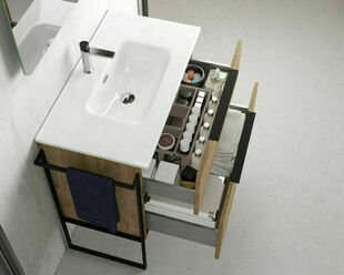 Ensemble meuble ESTATE INDUSTRIAL blanc brillant + plan vasque résine noire - 45x60x80cm - Gedimat.fr
