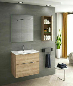 Ensemble meuble ESTATE COMET chêne naturel + plan vasque céramique gain de place blanc - 45x60x60cm - Gedimat.fr