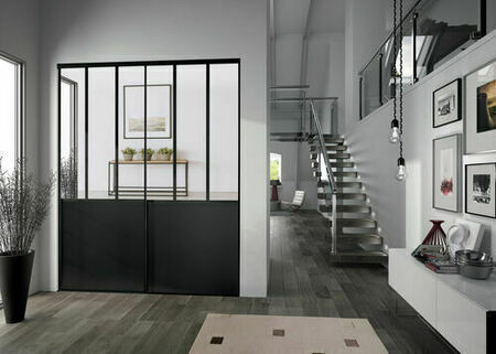 Kit Porte atelier acier noir verre blanc et rail acier noir Haut.250 cm larg. 90.8cm - Gedimat.fr